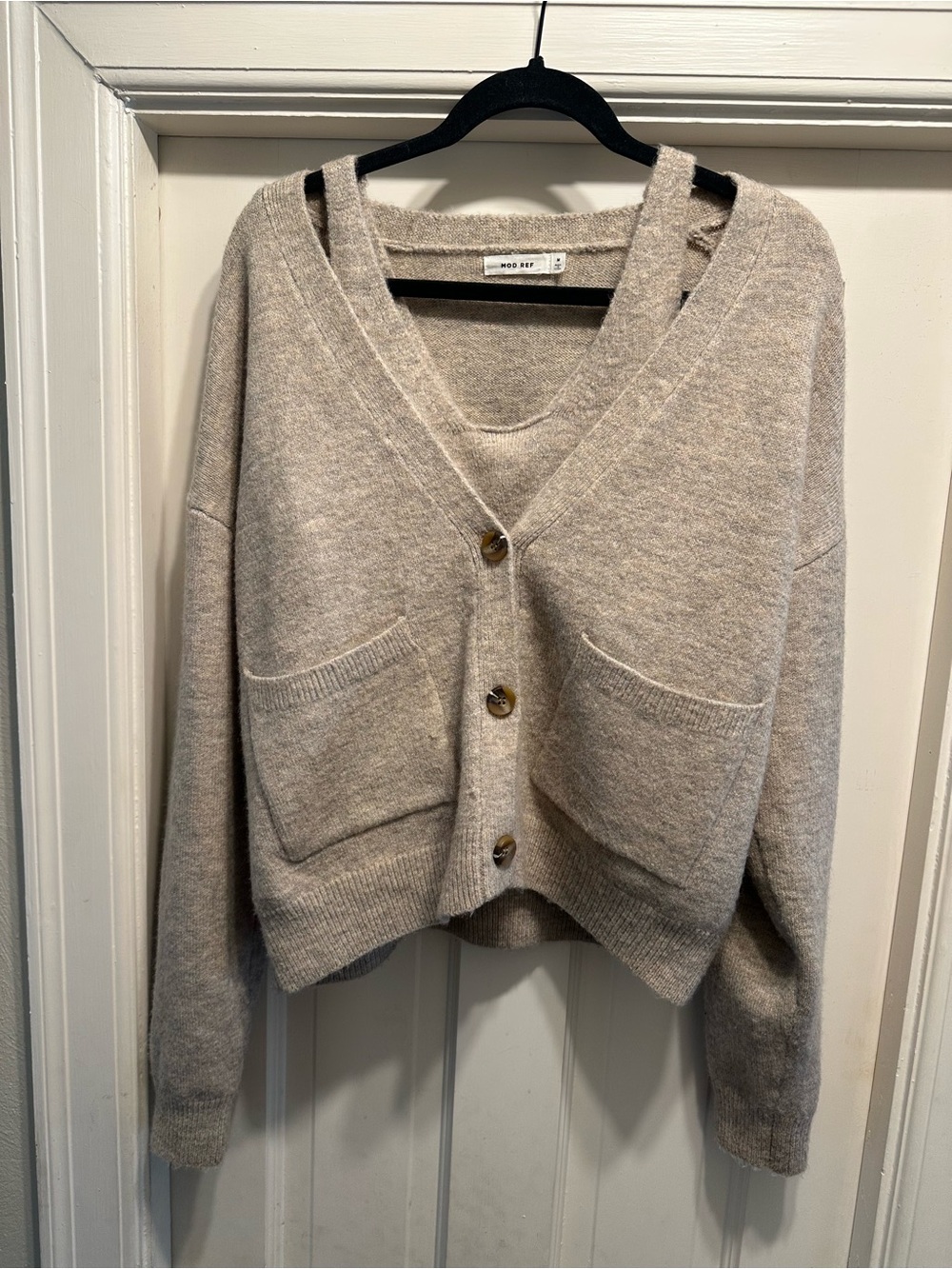 MOD REF Beige V-Neck Pocket Button Cardigan Sweater & Tank Top Set
